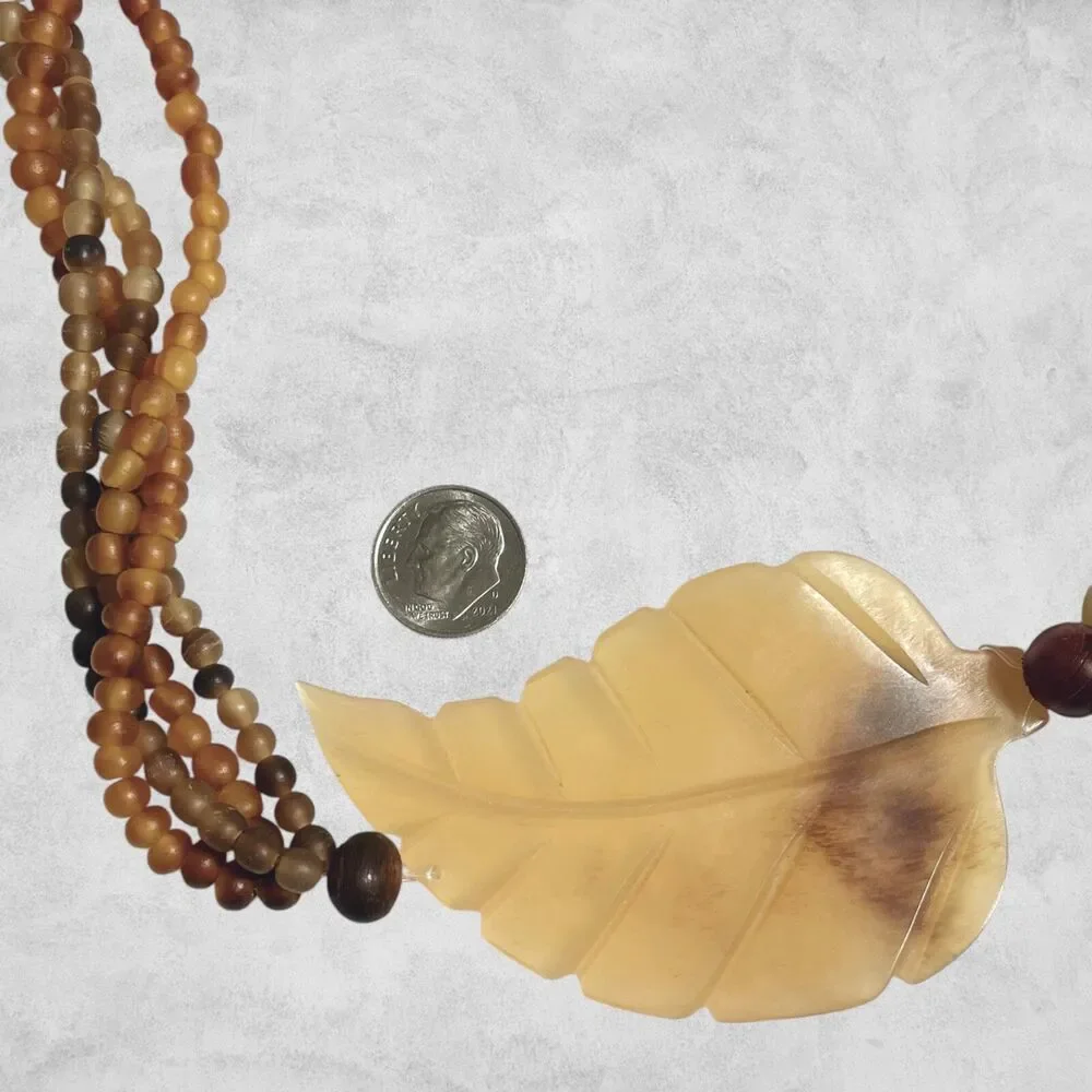 Vintage Baltic Amber Statement Necklace Brown Beige Leaf Pendant Twist Beaded
